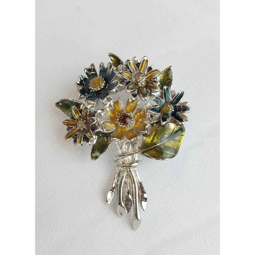Vintage enamel flower bouquet brooch pin silver tone mid century